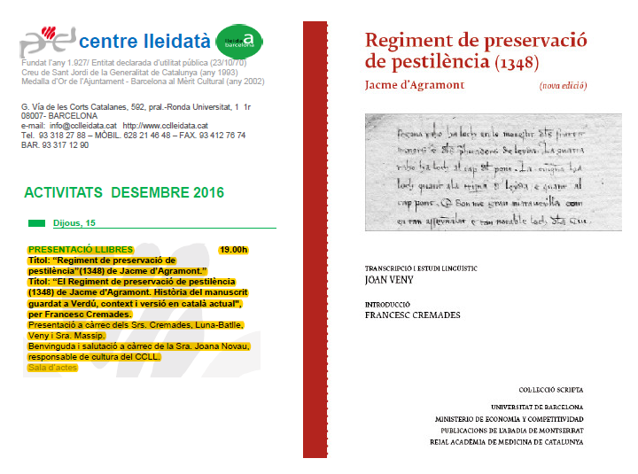 Presentació de Regiment de preservació de pestilència al Centre Lleidatà